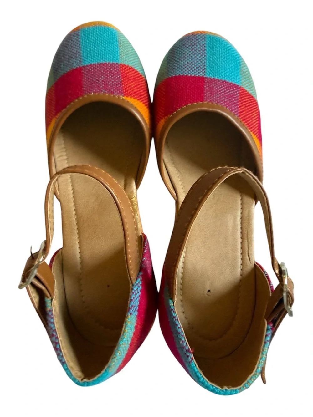 Multicolor Patchwork Wedge Sandals with Tan Straps - Almost New Condition